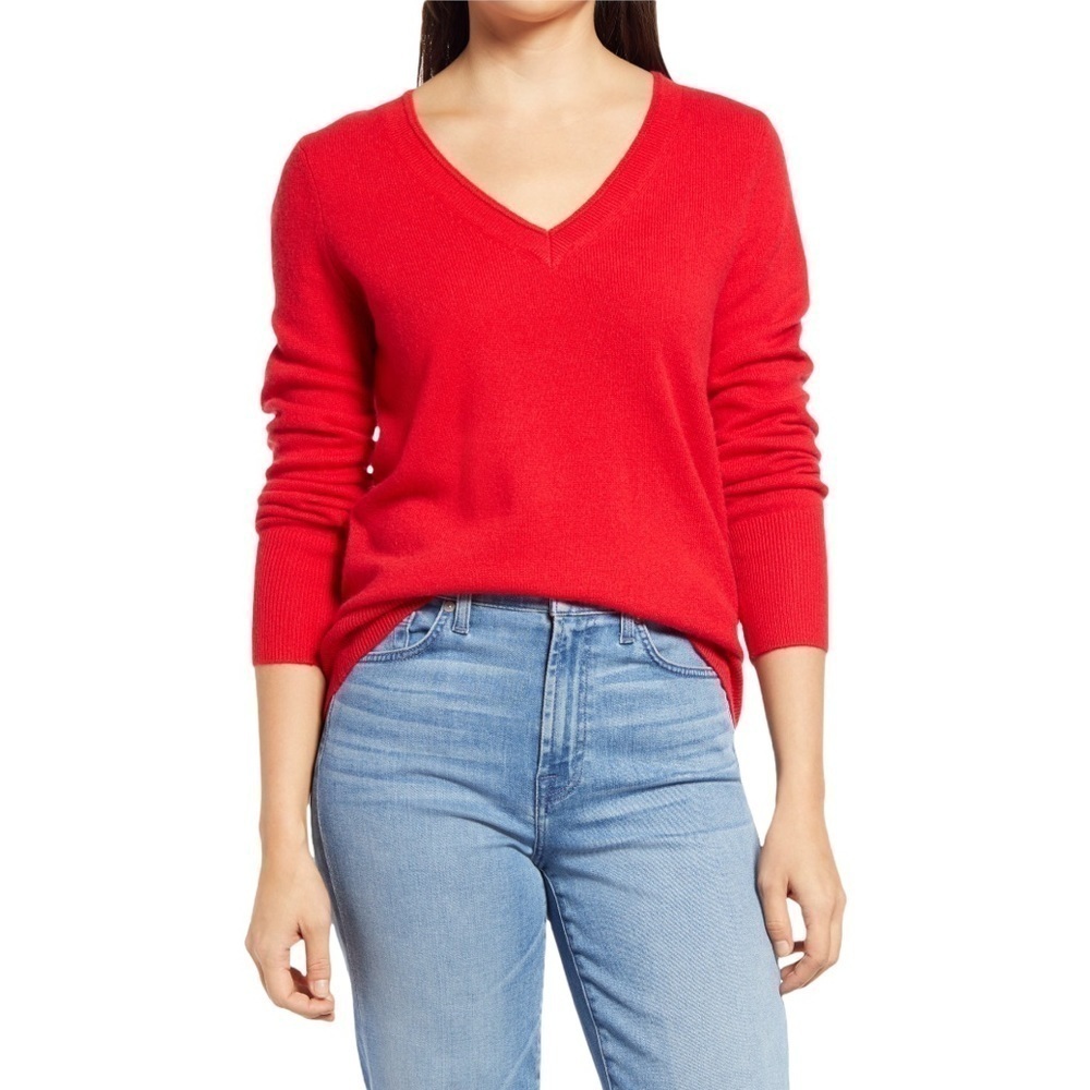HALOGEN 100% Cashmere Sweater Autumn Red V-Neck Fall Holiday Pullover Size‎ S